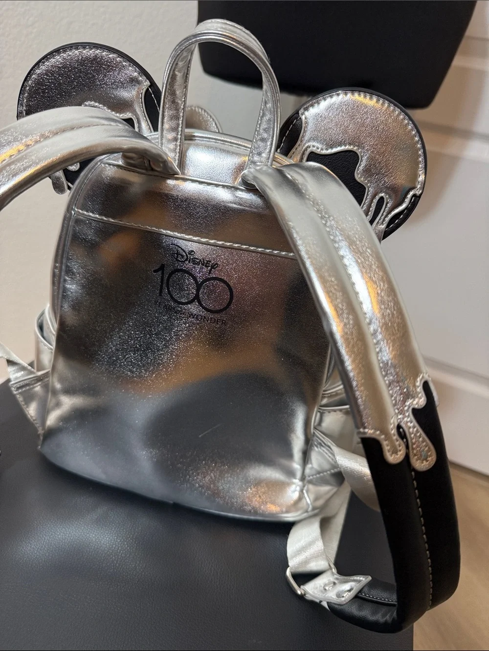 Loungefly Metallic Silver Disney 100 Minnie Ear Mini Backpack with Bow